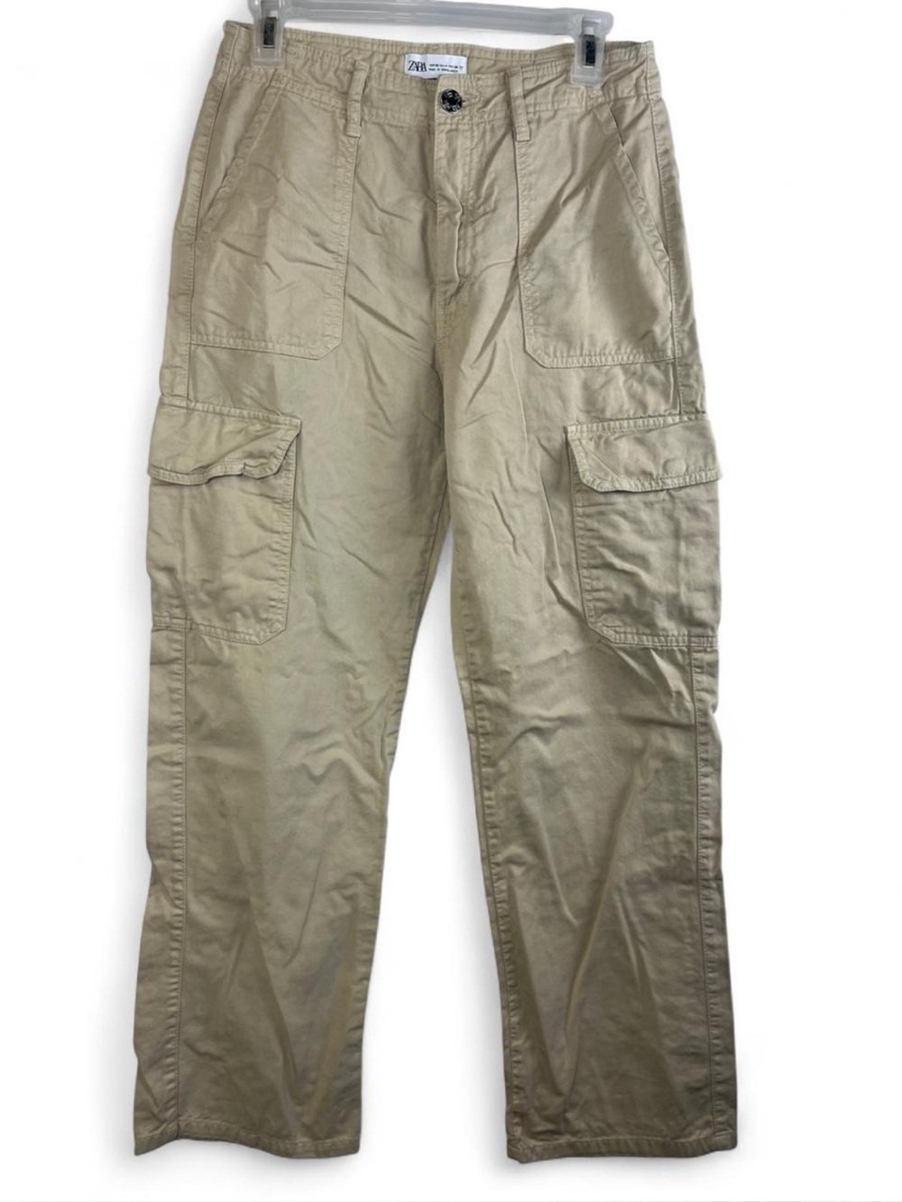 Zara Women's Mid-Rise Straight-Leg Cotton Cargo Pants in Beige Size 4‎